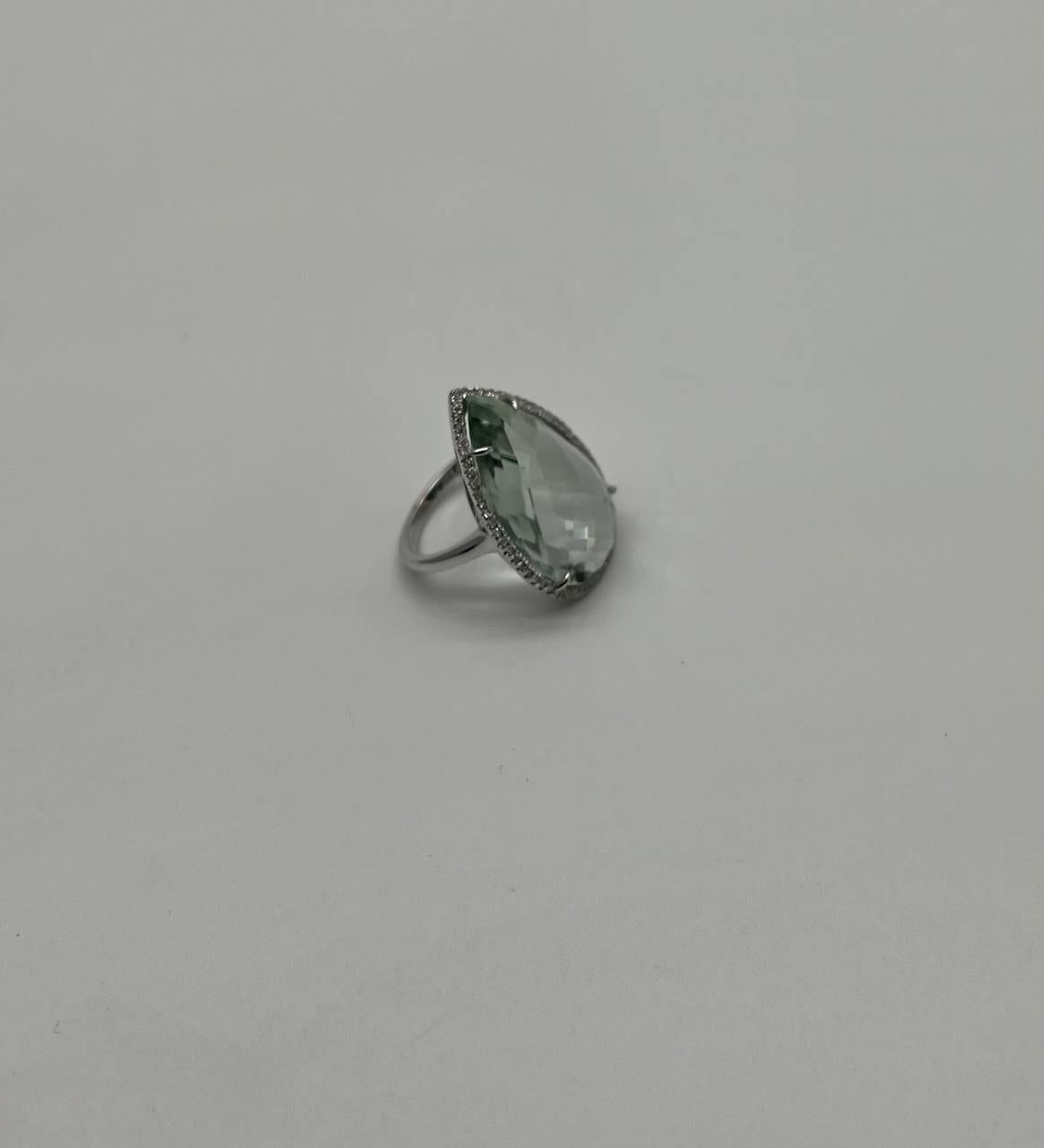 Pear Teardrop Light Blue Topaz White Diamonds Halo 14K White Gold Statement Ring In New Condition For Sale In Oakton, VA