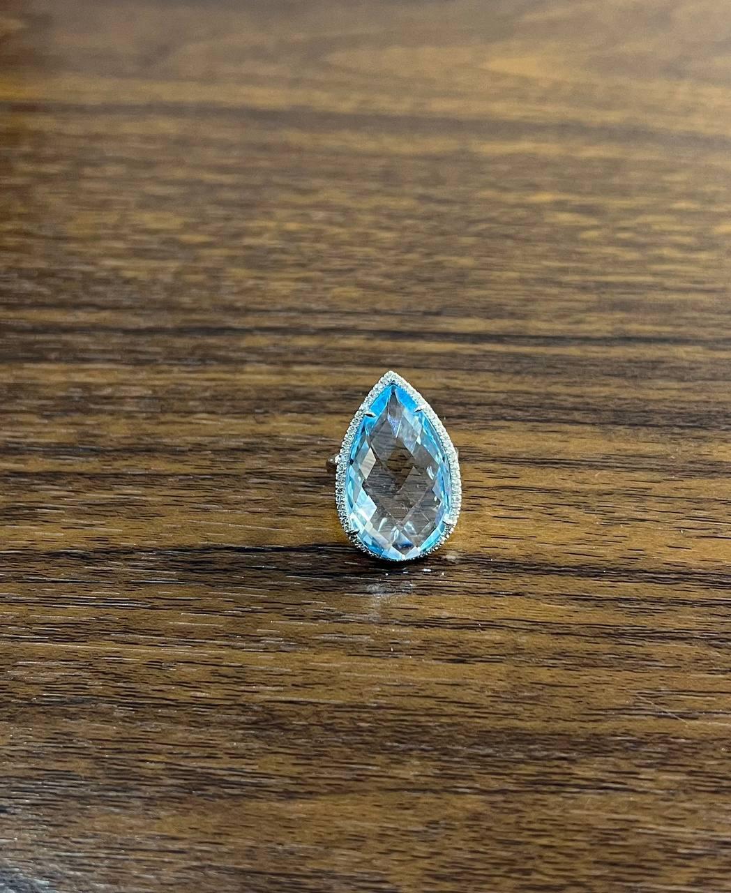 Pear Teardrop Light Blue Topaz White Diamonds Halo 14K White Gold Statement Ring For Sale 1