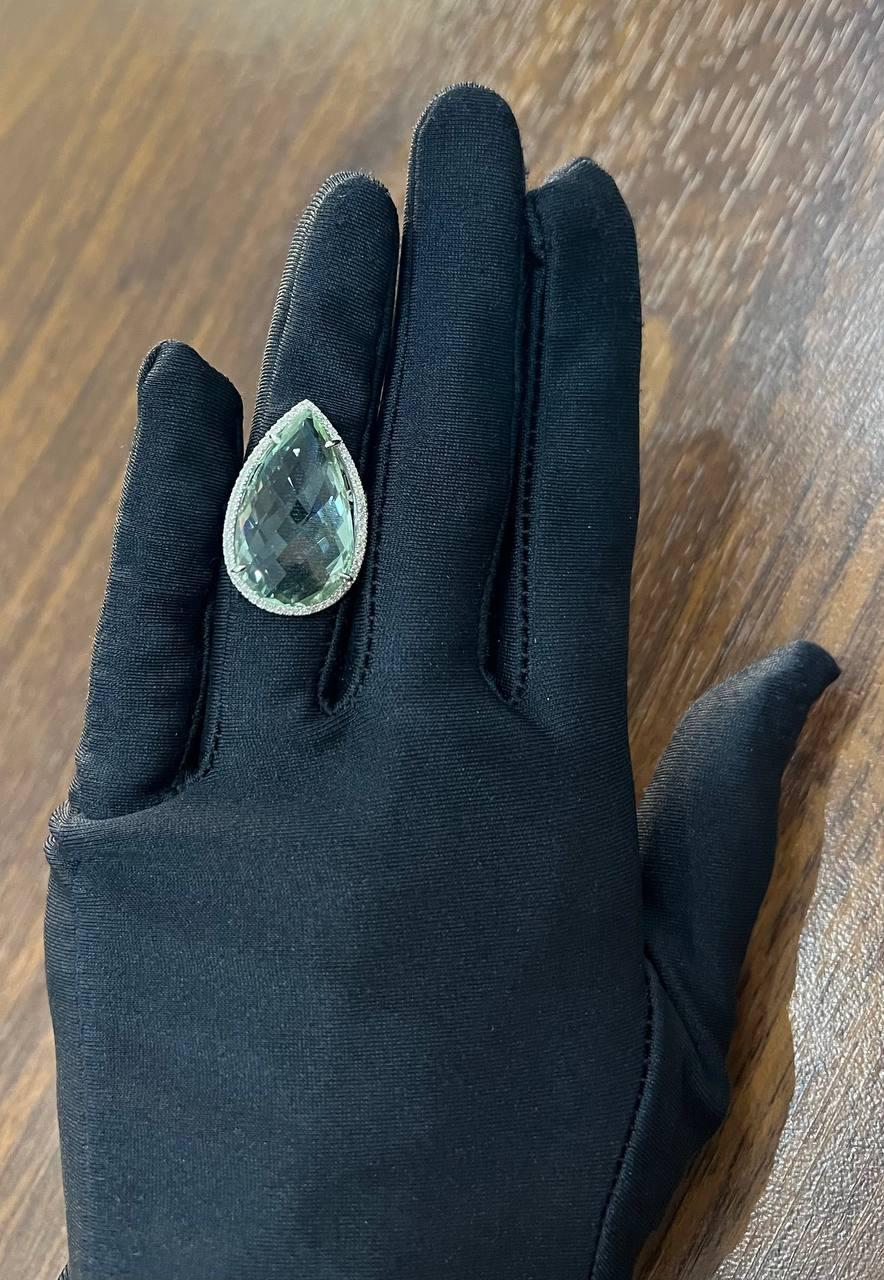 Pear Teardrop Light Blue Topaz White Diamonds Halo 14K White Gold Statement Ring For Sale 2