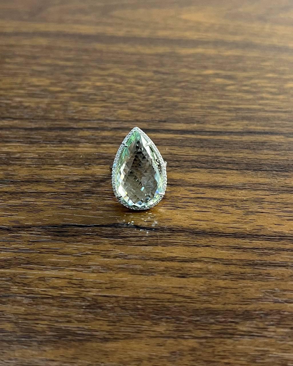 Pear Teardrop Light Blue Topaz White Diamonds Halo 14K White Gold Statement Ring For Sale 3