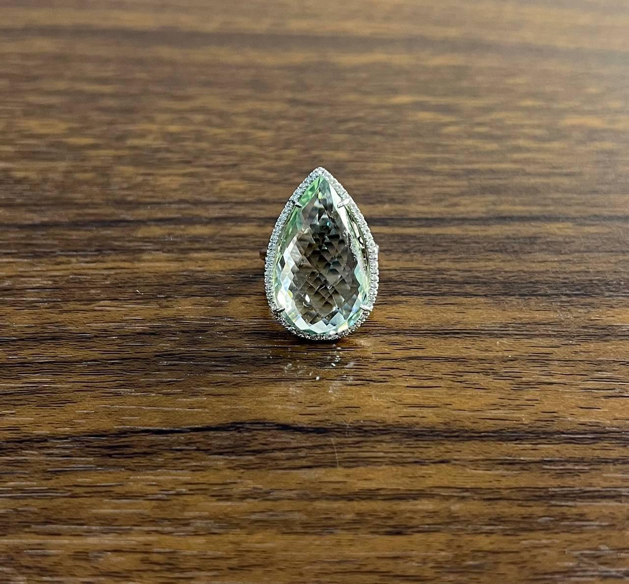 Pear Teardrop Light Blue Topaz White Diamonds Halo 14K White Gold Statement Ring For Sale 4