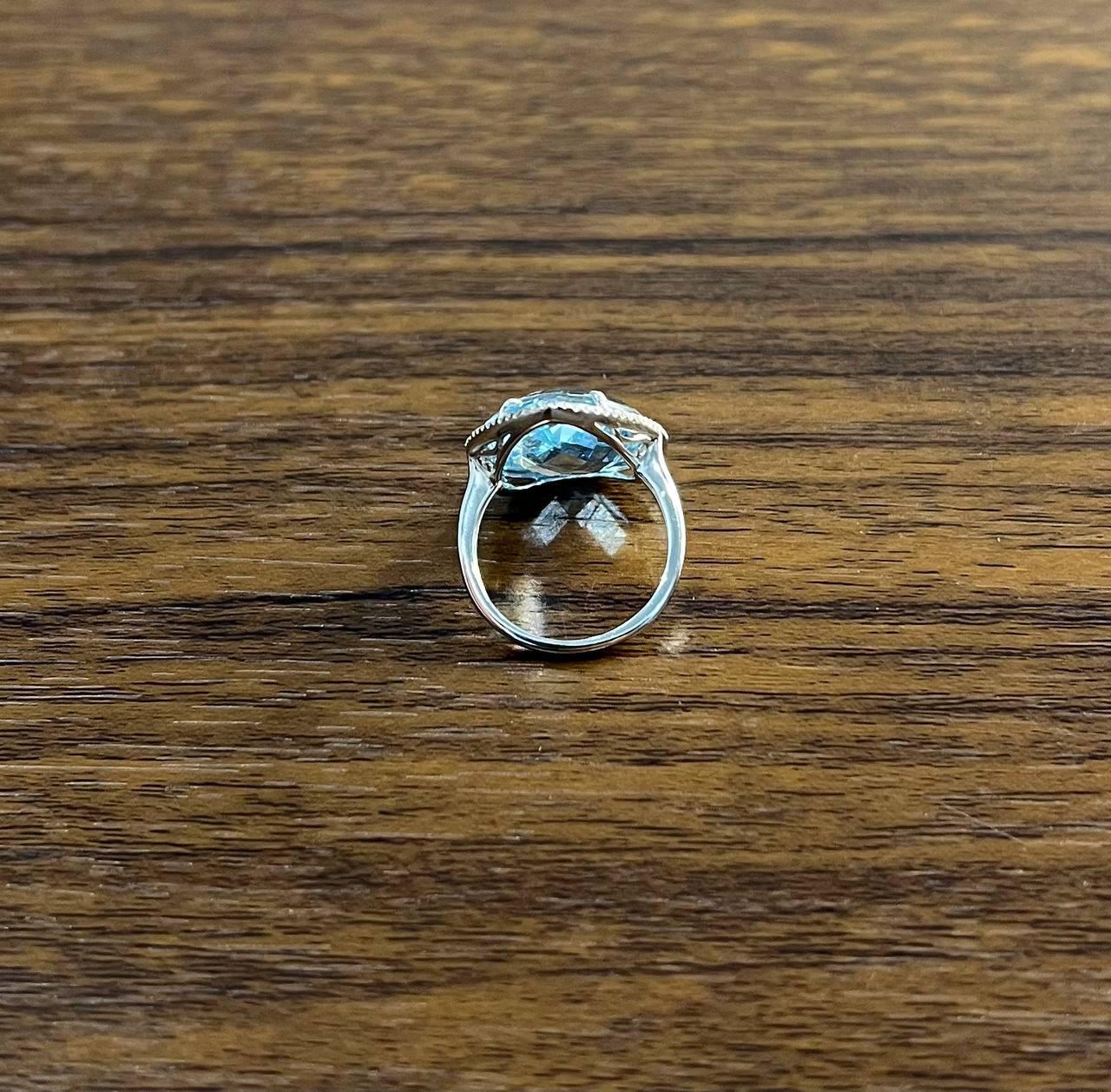 Pear Teardrop Light Blue Topaz White Diamonds Halo 14K White Gold Statement Ring For Sale 4