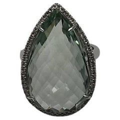 Pear Teardrop Light Blue Topaz White Diamonds Halo 14K White Gold Statement Ring