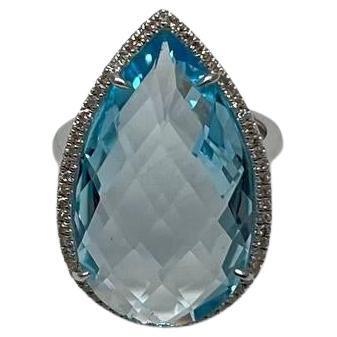 Pear Teardrop Light Blue Topaz White Diamonds Halo 14K White Gold Statement Ring