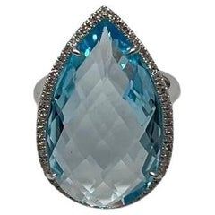 Pear Teardrop Light Blue Topaz White Diamonds Halo 14K White Gold Statement Ring
