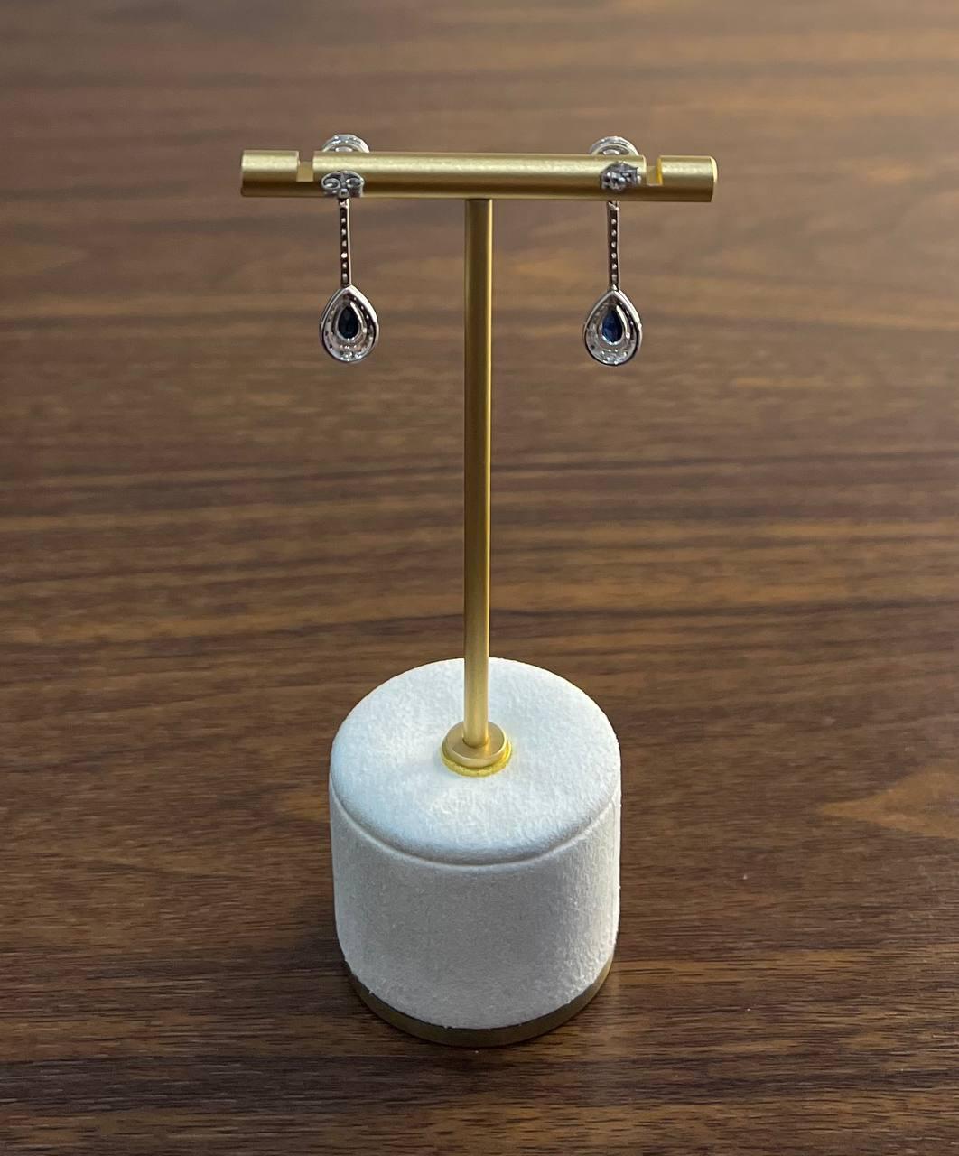 Pear Teardrop Shape Blue Sapphire Diamond Halo 14K White Gold Drop Earrings For Sale 4