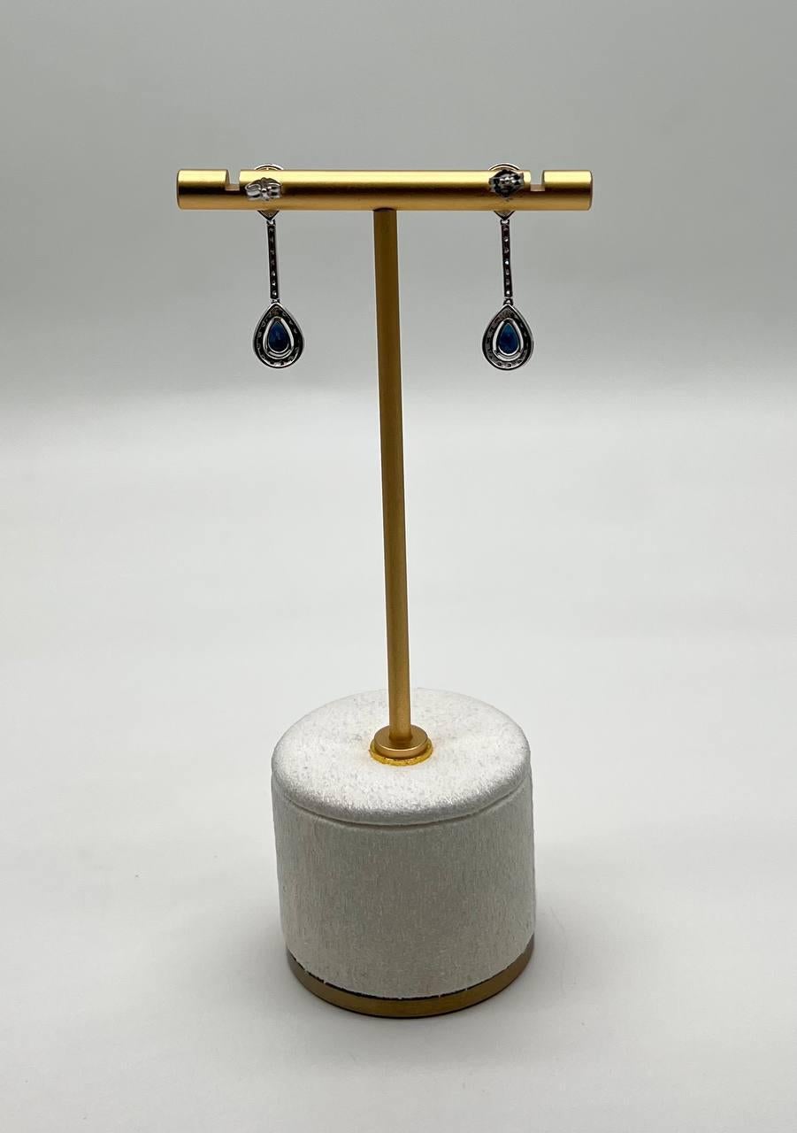 Modern Pear Teardrop Shape Blue Sapphire Diamond Halo 14K White Gold Drop Earrings For Sale