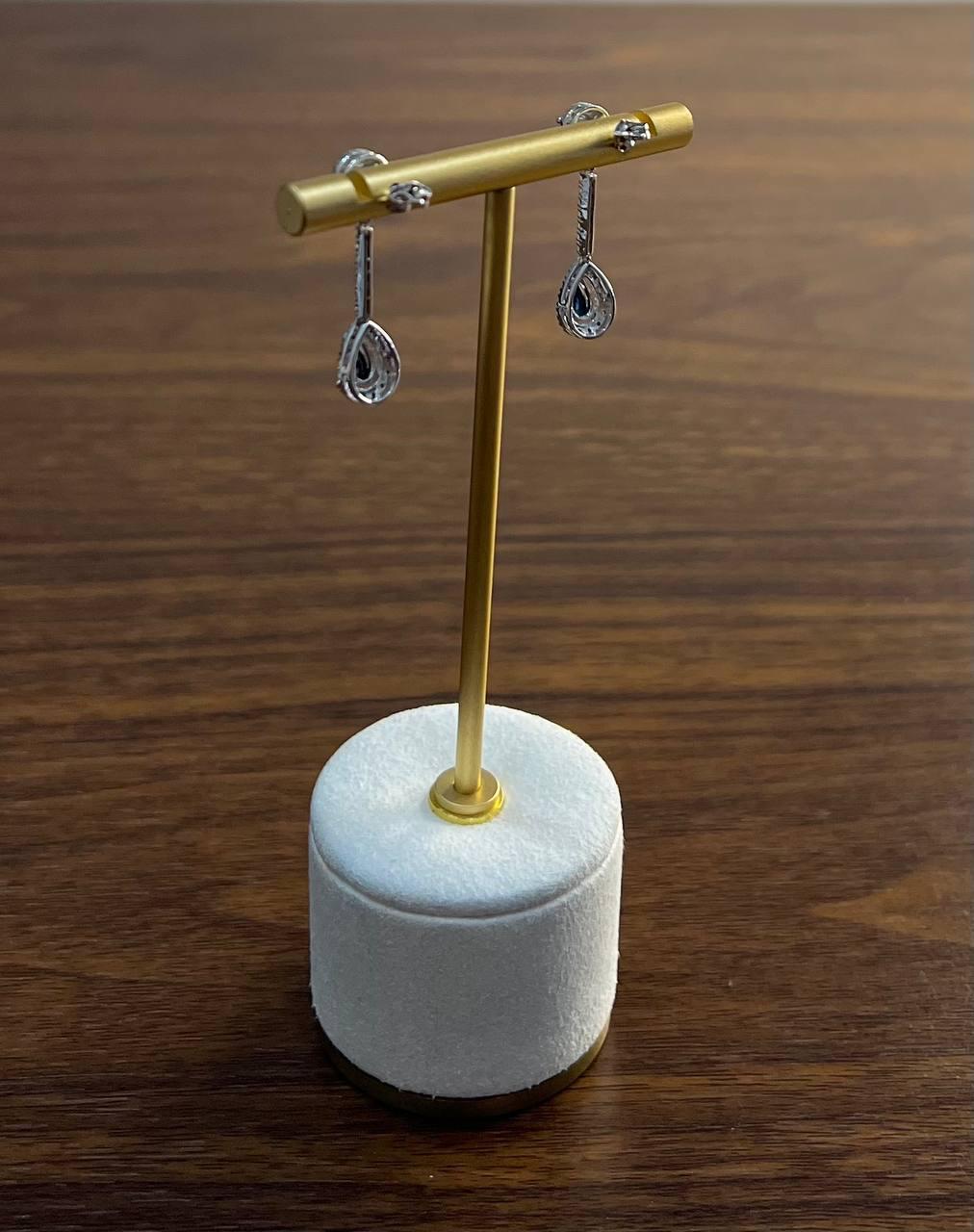 Pear Teardrop Shape Blue Sapphire Diamond Halo 14K White Gold Drop Earrings For Sale 3