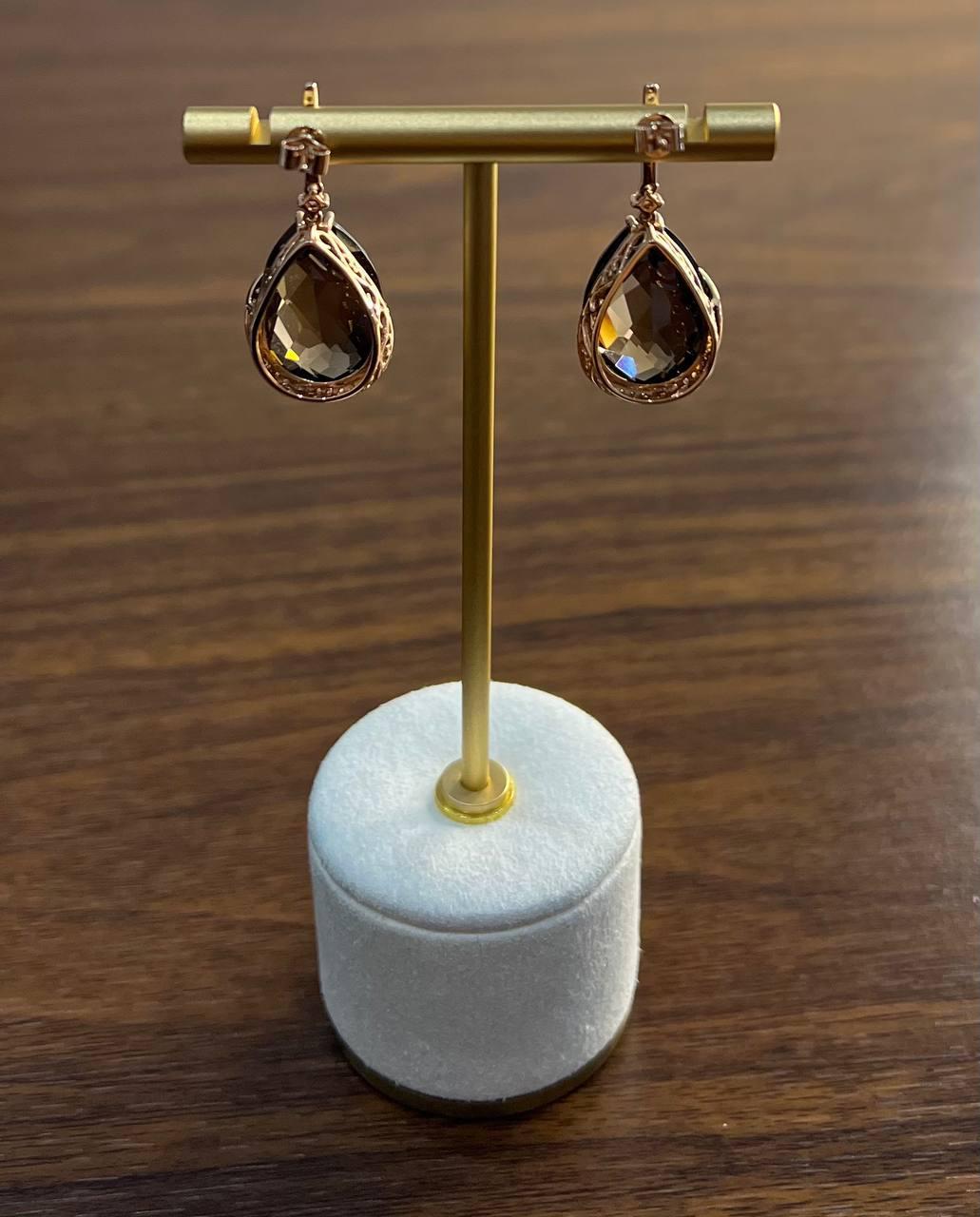 Orecchini a goccia a forma di pera in quarzo marrone fumé in oro rosa 14K con diamanti a raggiera in vendita 4