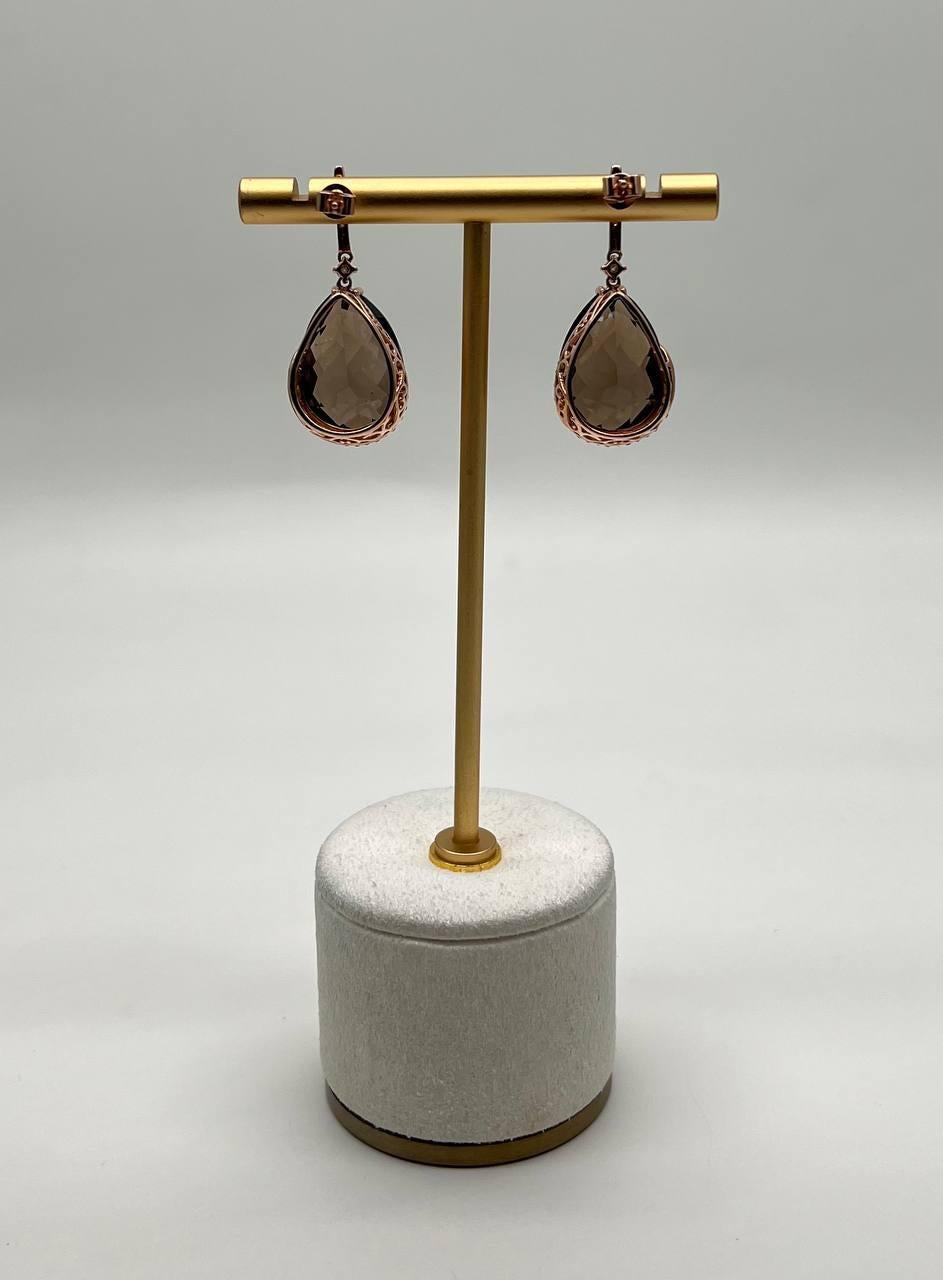 Orecchini a goccia a forma di pera in quarzo marrone fumé in oro rosa 14K con diamanti a raggiera In condizioni Nuovo in vendita a Oakton, VA