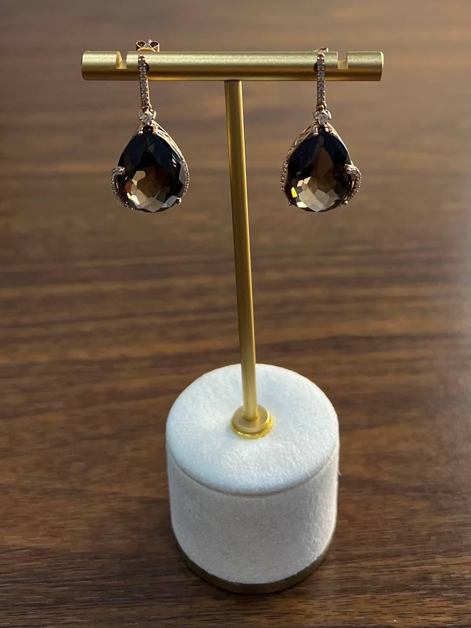 Donna Orecchini a goccia a forma di pera in quarzo marrone fumé in oro rosa 14K con diamanti a raggiera in vendita