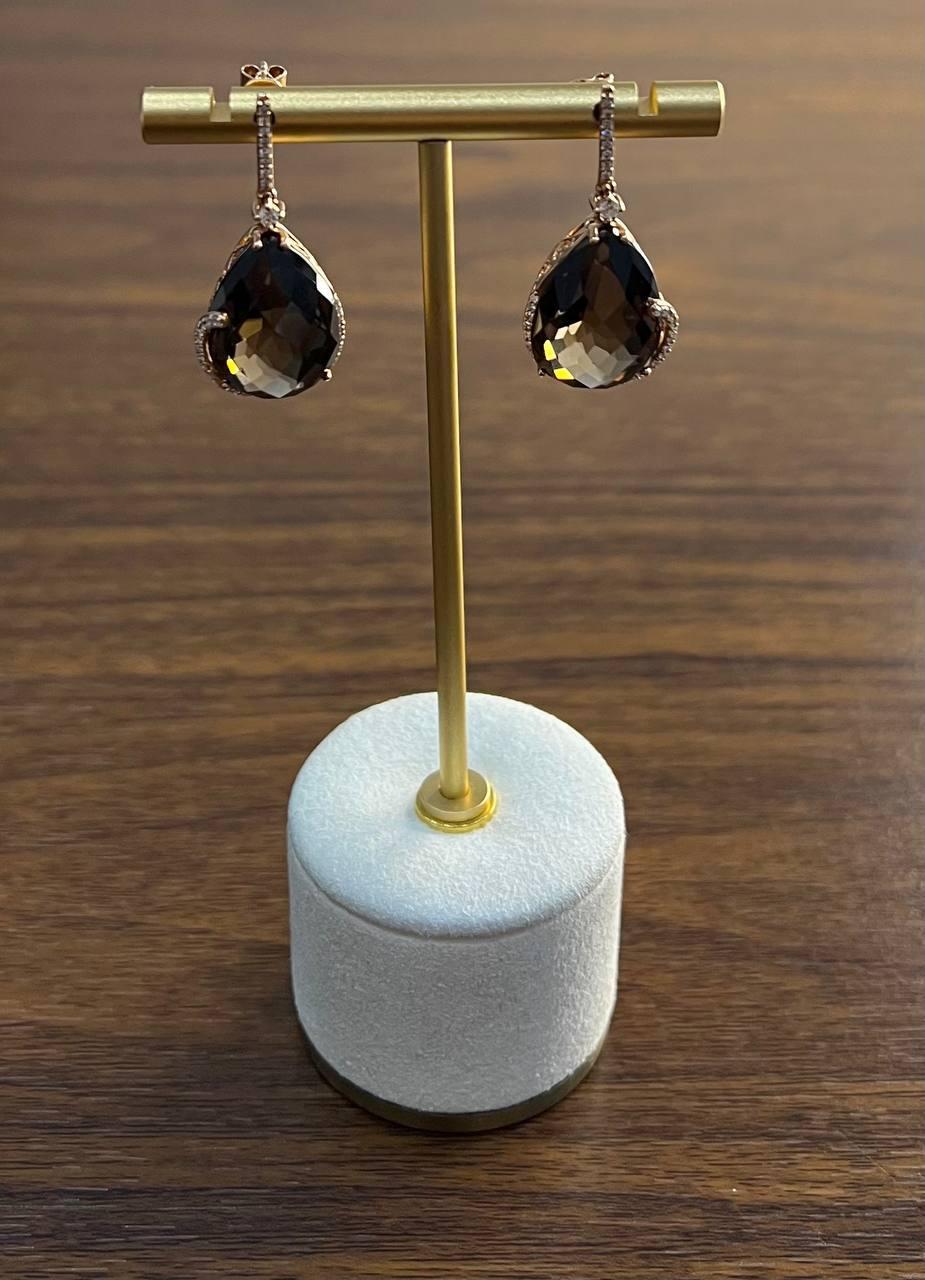 Orecchini a goccia a forma di pera in quarzo marrone fumé in oro rosa 14K con diamanti a raggiera in vendita 1