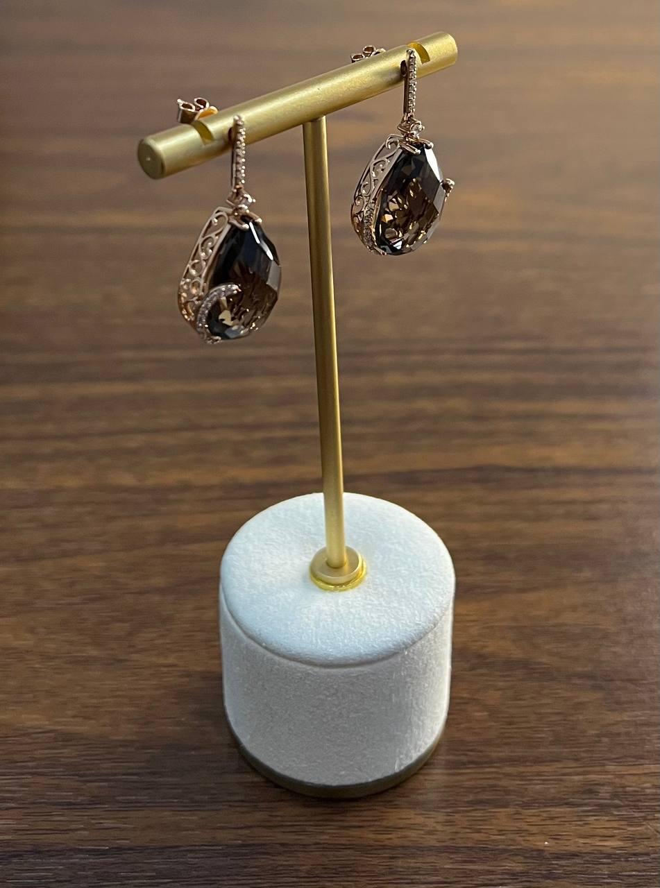 Orecchini a goccia a forma di pera in quarzo marrone fumé in oro rosa 14K con diamanti a raggiera in vendita 2