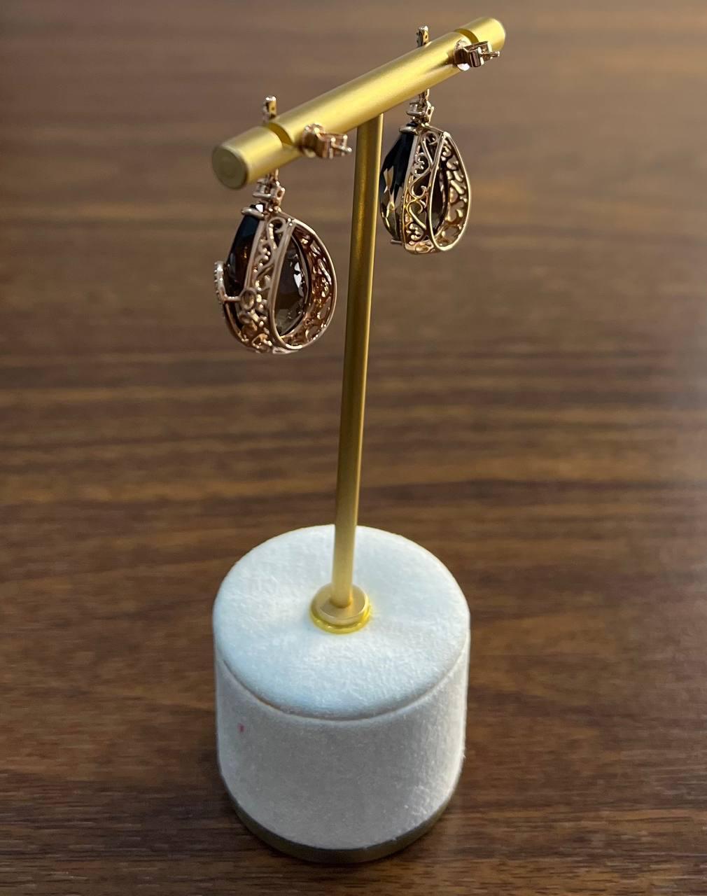 Orecchini a goccia a forma di pera in quarzo marrone fumé in oro rosa 14K con diamanti a raggiera in vendita 3