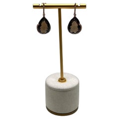 Pear Teardrop Shape Brown Smoky Quartz 14K Rose Gold Diamond Halo Drop Earrings