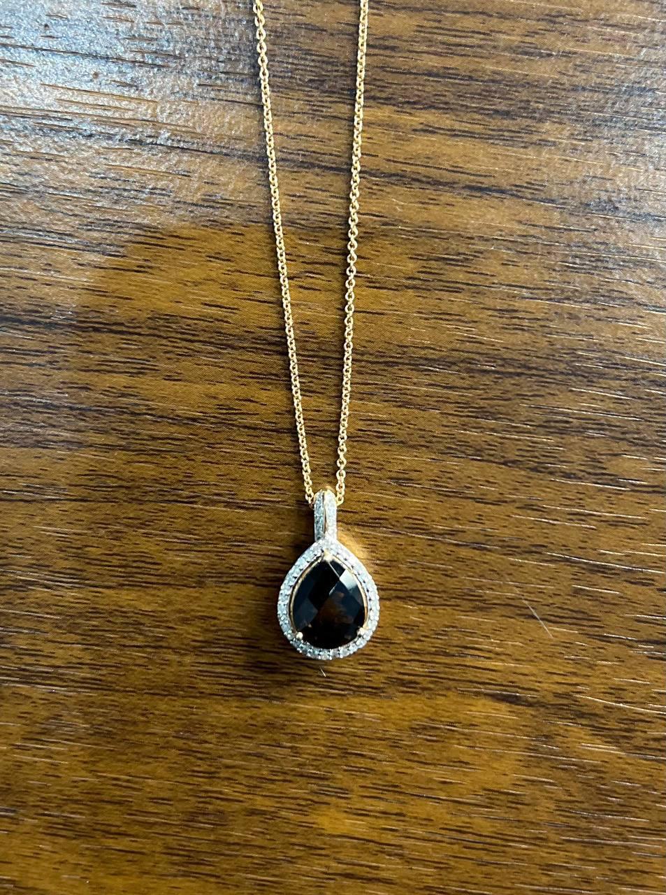 Donna Collana con ciondolo in oro 14K a forma di goccia di quarzo marrone fumé con diamante a raggiera in vendita