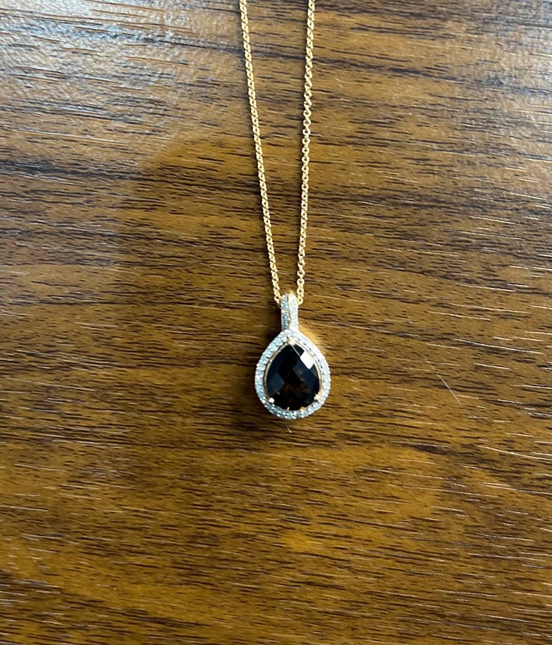 Collana con ciondolo in oro 14K a forma di goccia di quarzo marrone fumé con diamante a raggiera in vendita 1