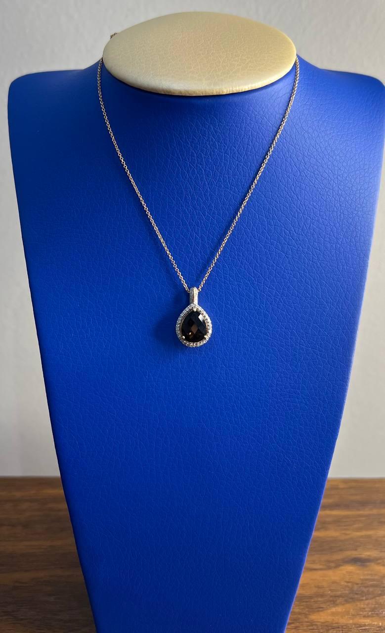 Collana con ciondolo in oro 14K a forma di goccia di quarzo marrone fumé con diamante a raggiera in vendita 4
