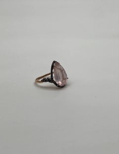 Pear Teardrop Shape Faceted Pink Rose Quartz Diamond Halo 14K Rose Gold Ring