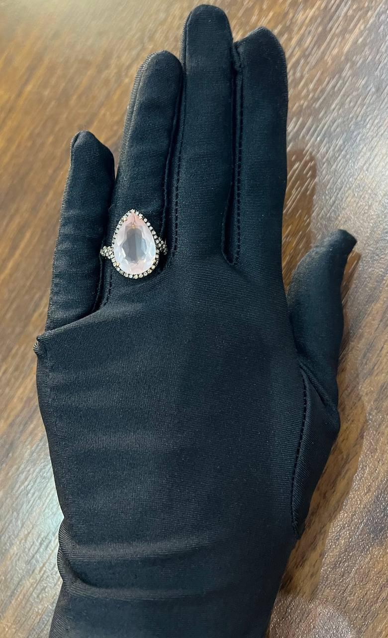 Anello in oro rosa 14K a forma di pera a goccia sfaccettata con quarzo rosa e diamanti a raggiera in vendita 3