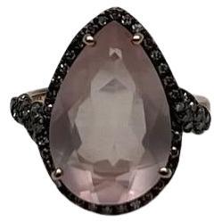 Pear Teardrop Shape Faceted Pink Rose Quartz Diamond Halo 14K Rose Gold Ring