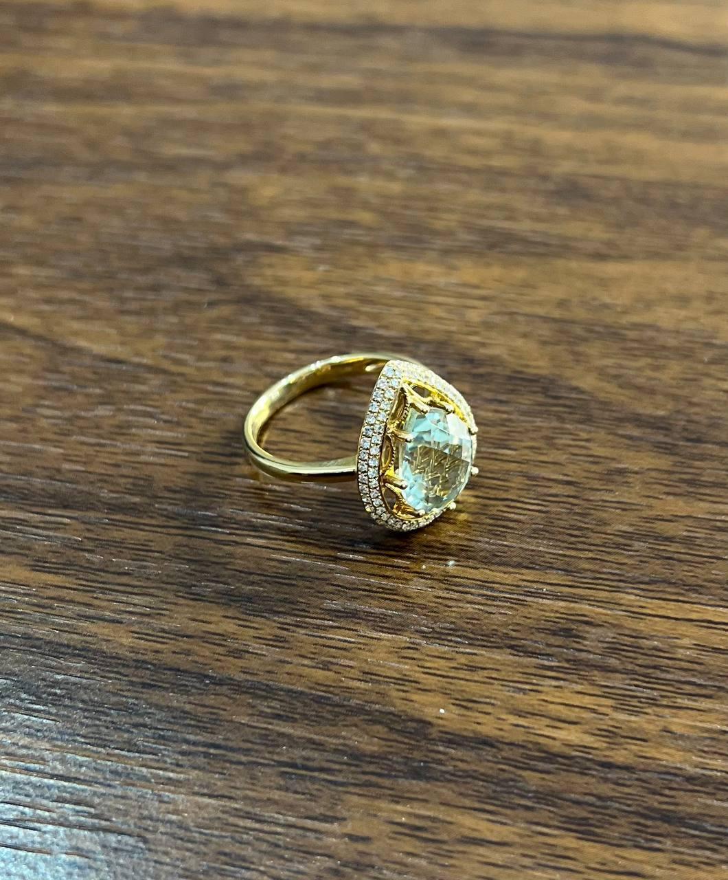 Pear Teardrop Shape Green Amethyst Prasiolite Diamonds Halo Gold Cocktail Ring In New Condition For Sale In Oakton, VA