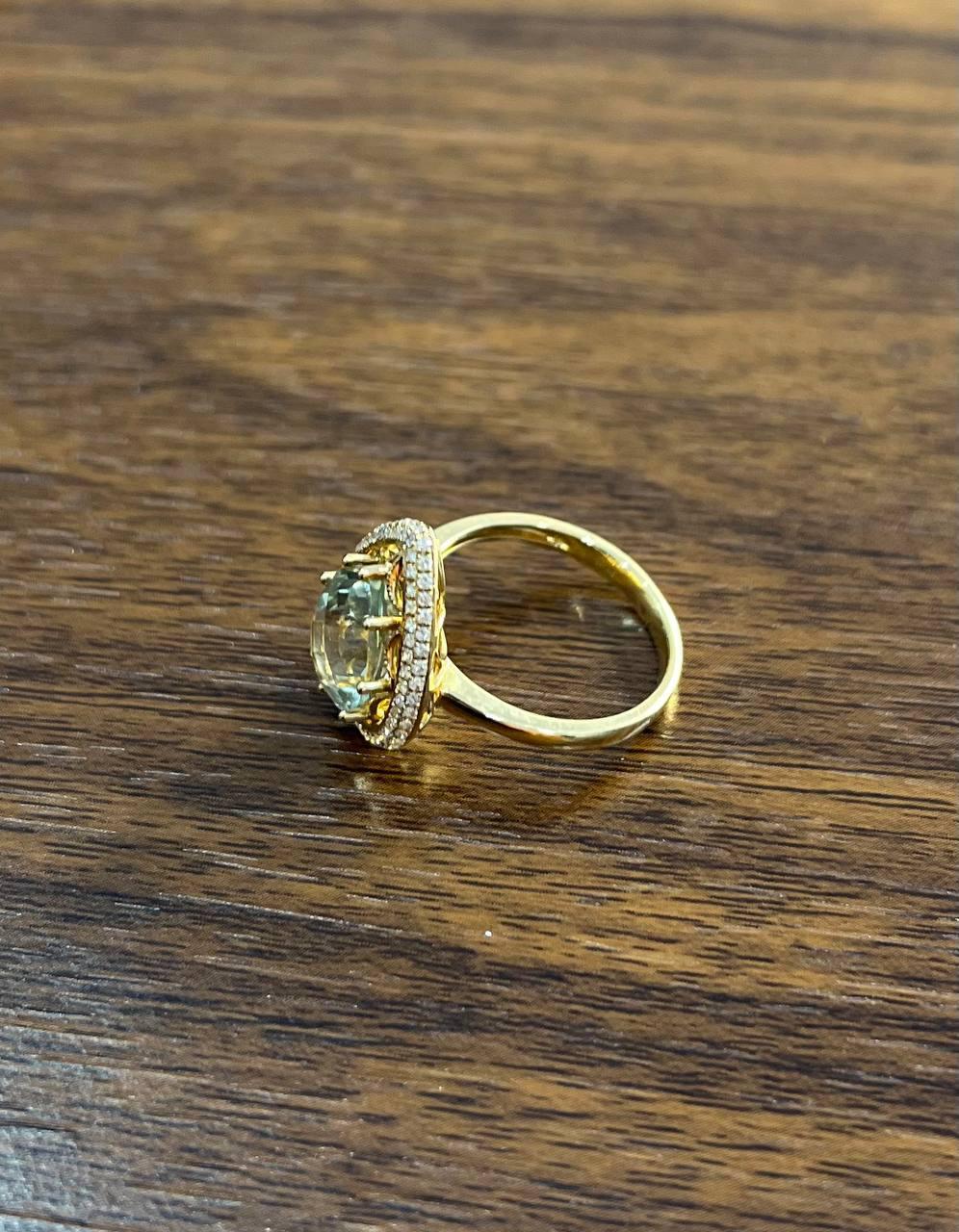 Pear Teardrop Shape Green Amethyst Prasiolite Diamonds Halo Gold Cocktail Ring For Sale 1