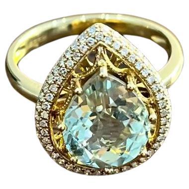 Pear Teardrop Shape Green Amethyst Prasiolite Diamonds Halo Gold Cocktail Ring For Sale