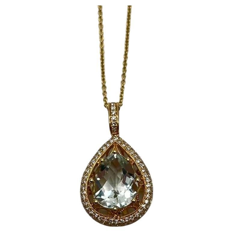 Pear Teardrop Shape Green Amethyst Prasiolite Gold Diamond Halo Pendant Necklace