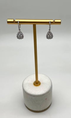 Pear Teardrop Shape Pave Hidden Halo Cluster Set 14K White Gold Dangle Earrings