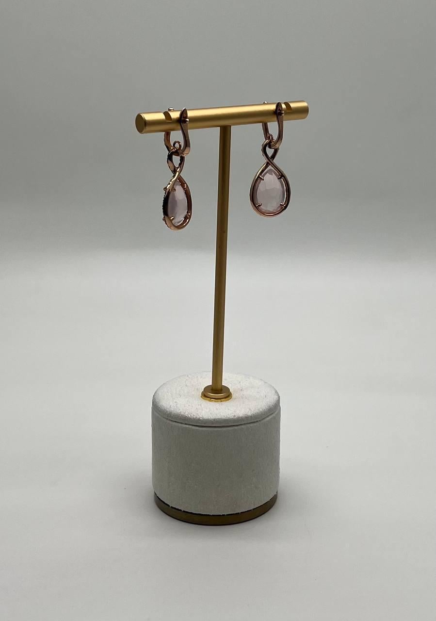 Pear Cut Pear Teardrop Shape Pink Rose Quartz 14K Rose Gold Diamond Halo Earrings For Sale