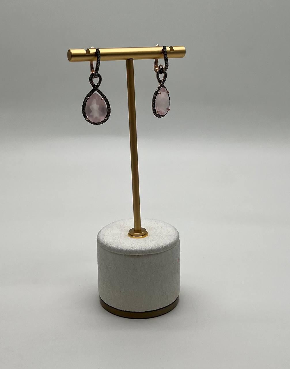 Pear Teardrop Shape Pink Rose Quartz 14K Rose Gold Diamond Halo Earrings In New Condition For Sale In Oakton, VA