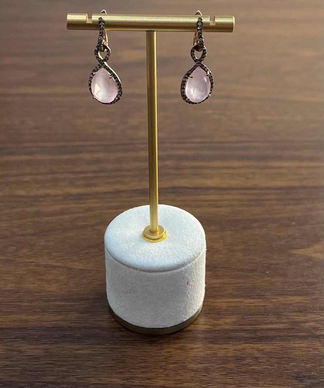 Pear Teardrop Shape Pink Rose Quartz 14K Rose Gold Diamond Halo Earrings For Sale 2