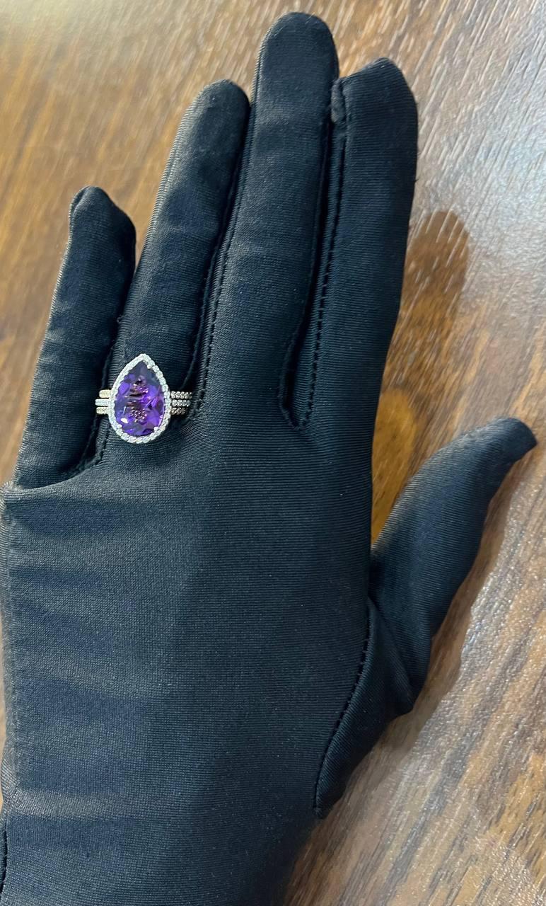 Anello a più fasce in oro 14K con diamante a forma di pera a goccia viola ametista in vendita 4