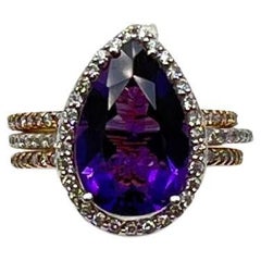 Anello a più fasce in oro 14K con diamante a forma di pera a goccia viola ametista