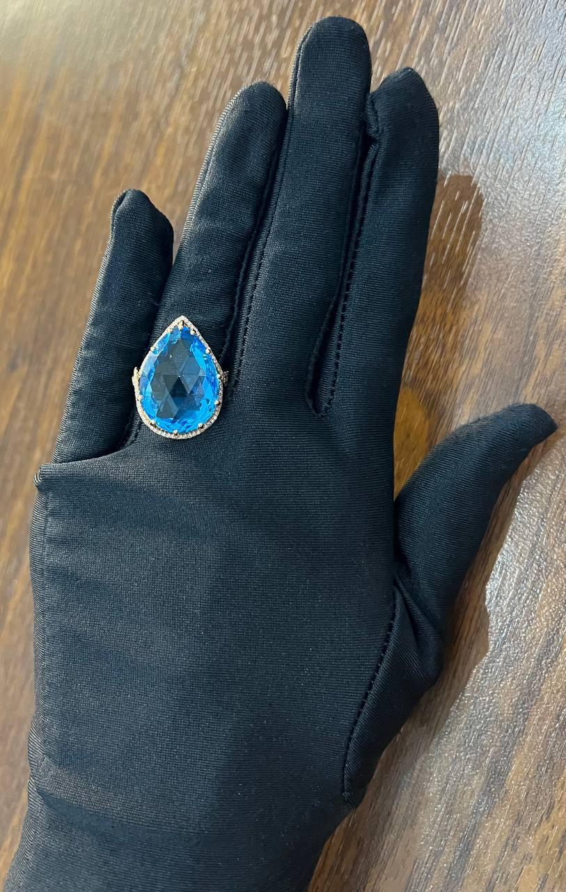 Anillo en forma de lágrima pera Topacio azul suizo Diamante Halo Declaración amarilla Spire Ring en venta 4