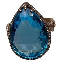 Pear Teardrop Shape Swiss Blue Topaz Diamond Halo Yellow Statement Spire Ring