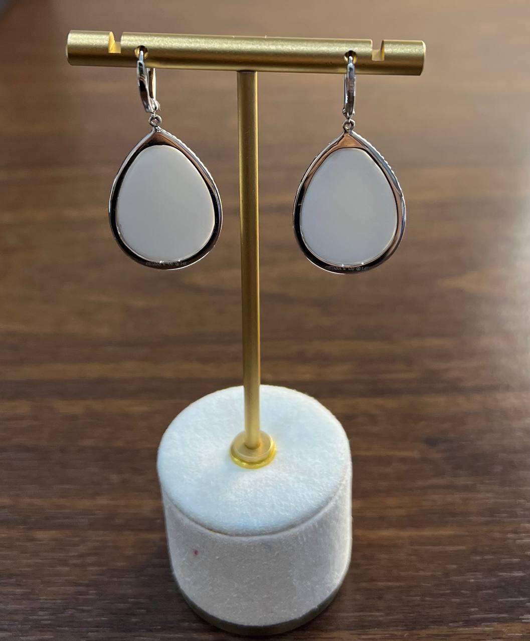 Pear Teardrop Shape White Cloud Agate 14K White Gold Drop Diamonds Halo Earrings In New Condition For Sale In Oakton, VA