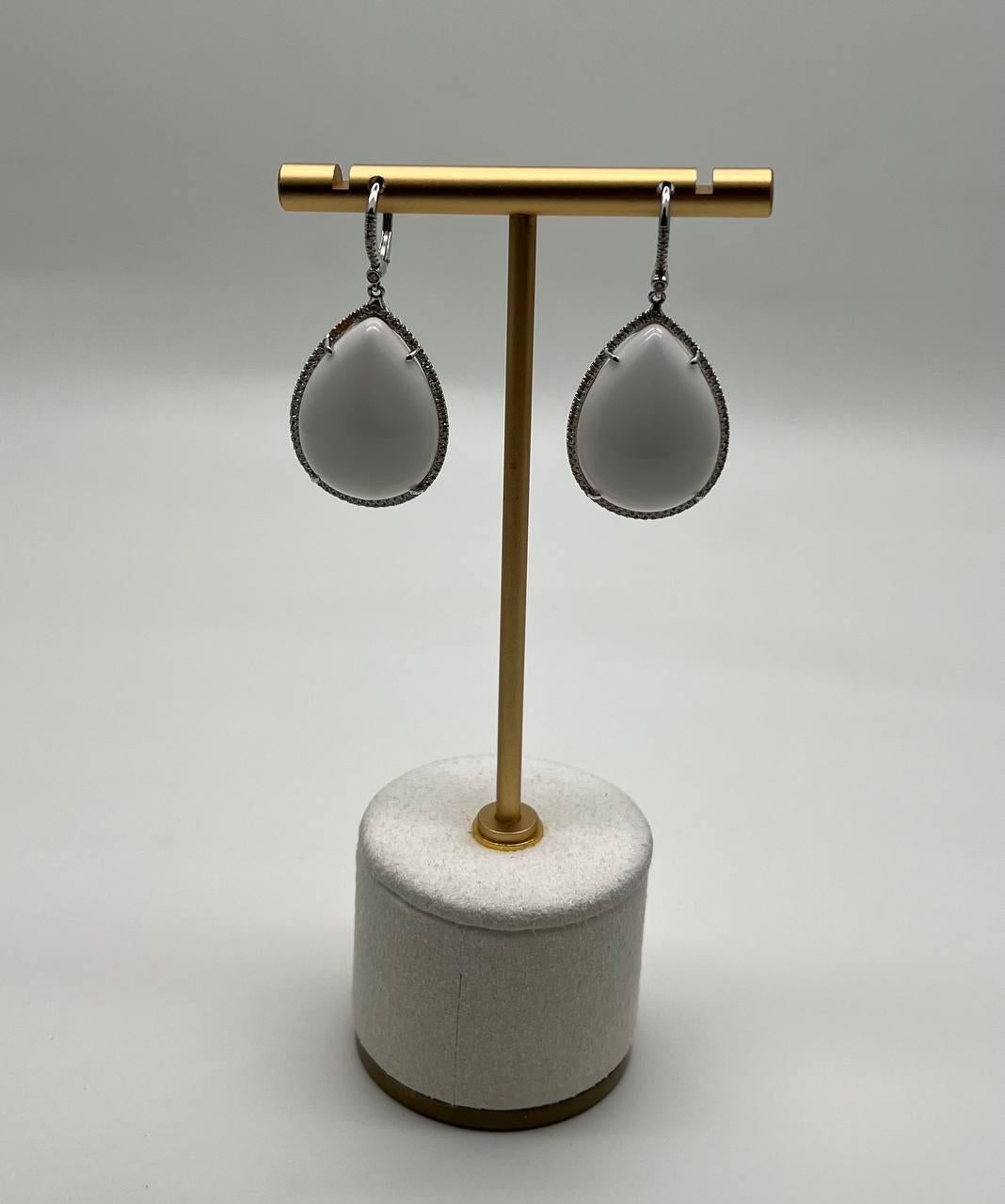 Pear Teardrop Shape White Cloud Agate 14K White Gold Drop Diamonds Halo Earrings For Sale 1