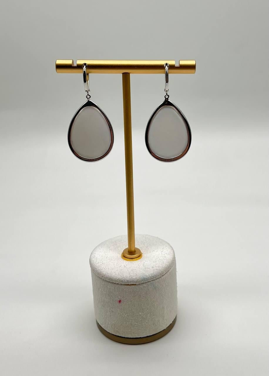 Pear Teardrop Shape White Cloud Agate 14K White Gold Drop Diamonds Halo Earrings For Sale 4
