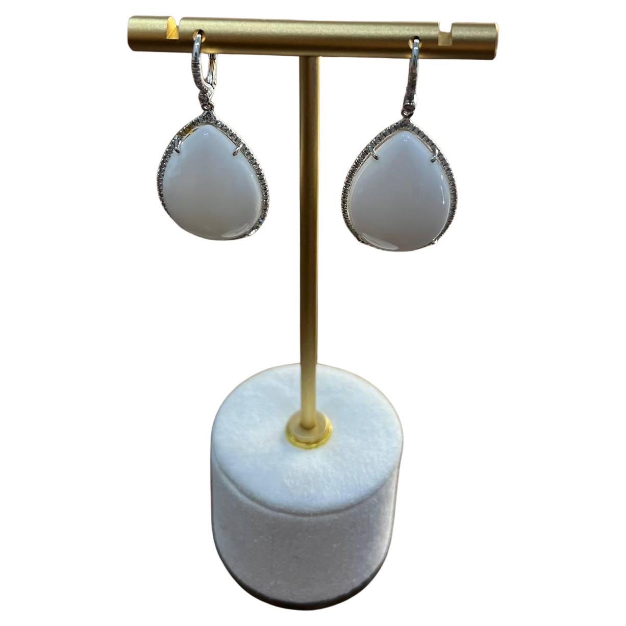Pear Teardrop Shape White Cloud Agate 14K White Gold Drop Diamonds Halo Earrings