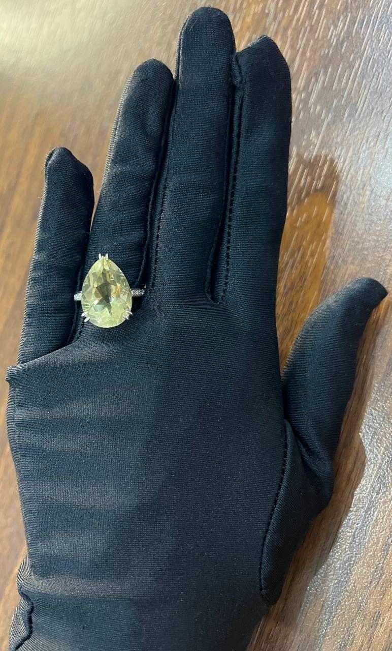 Anello a forma di pera a goccia in quarzo giallo e limone con diamante a canale in oro bianco 14 carati in vendita 6