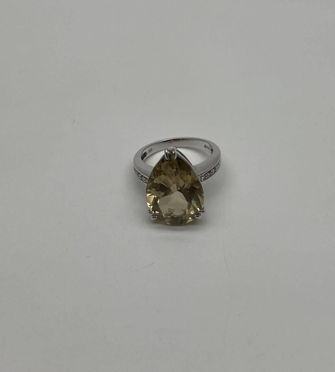 Anello a forma di pera a goccia in quarzo giallo e limone con diamante a canale in oro bianco 14 carati in vendita 7