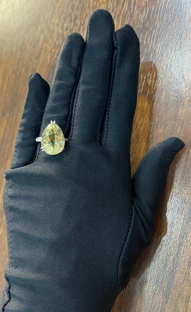 Anello a forma di pera a goccia in quarzo giallo e limone con diamante a canale in oro bianco 14 carati in vendita 3