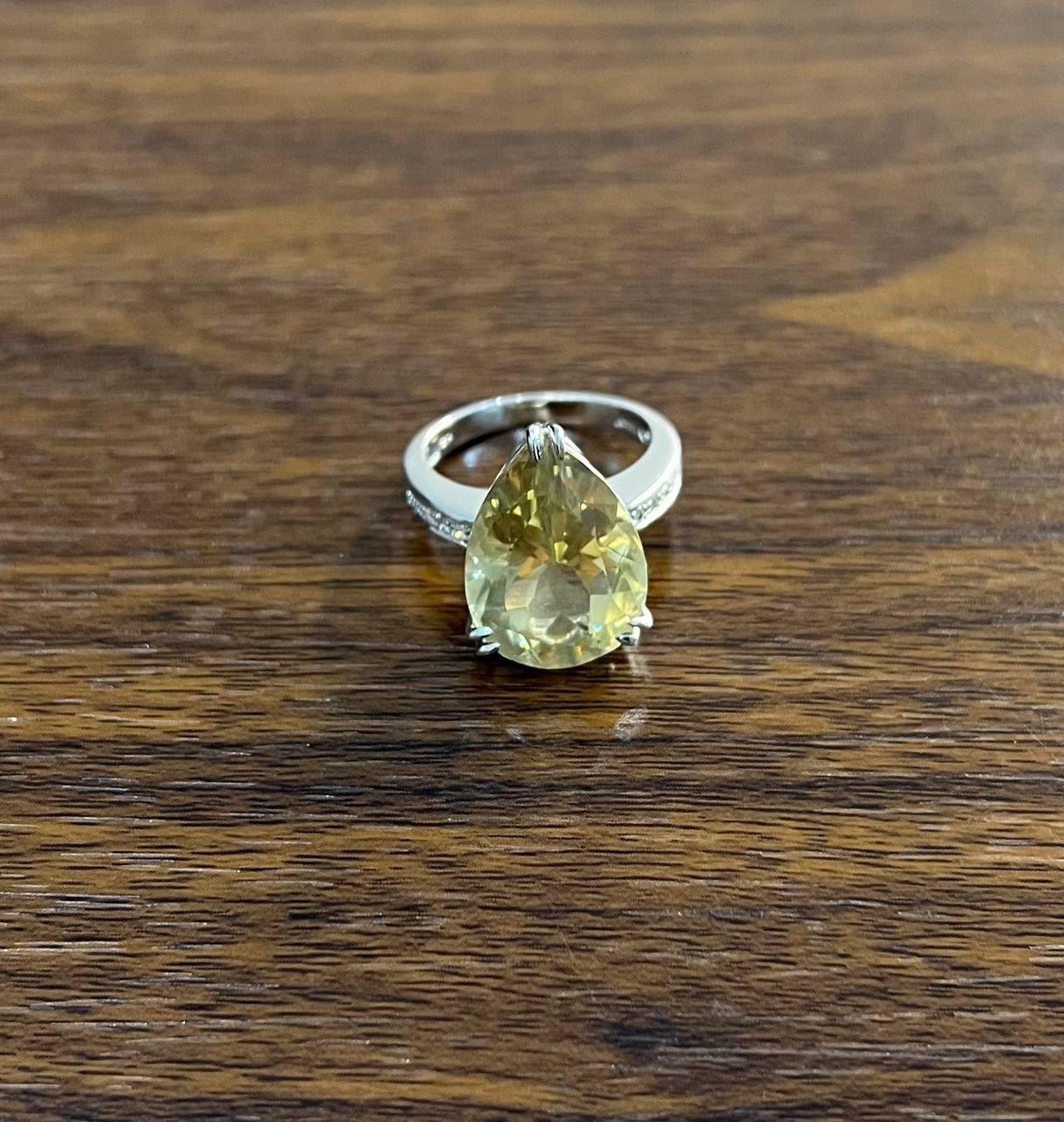 Anello a forma di pera a goccia in quarzo giallo e limone con diamante a canale in oro bianco 14 carati in vendita 4