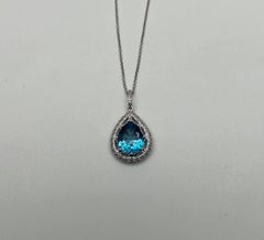 Pear Teardrop Swiss Blue Topaz 14K White Gold Diamond Halo Pendant Necklace