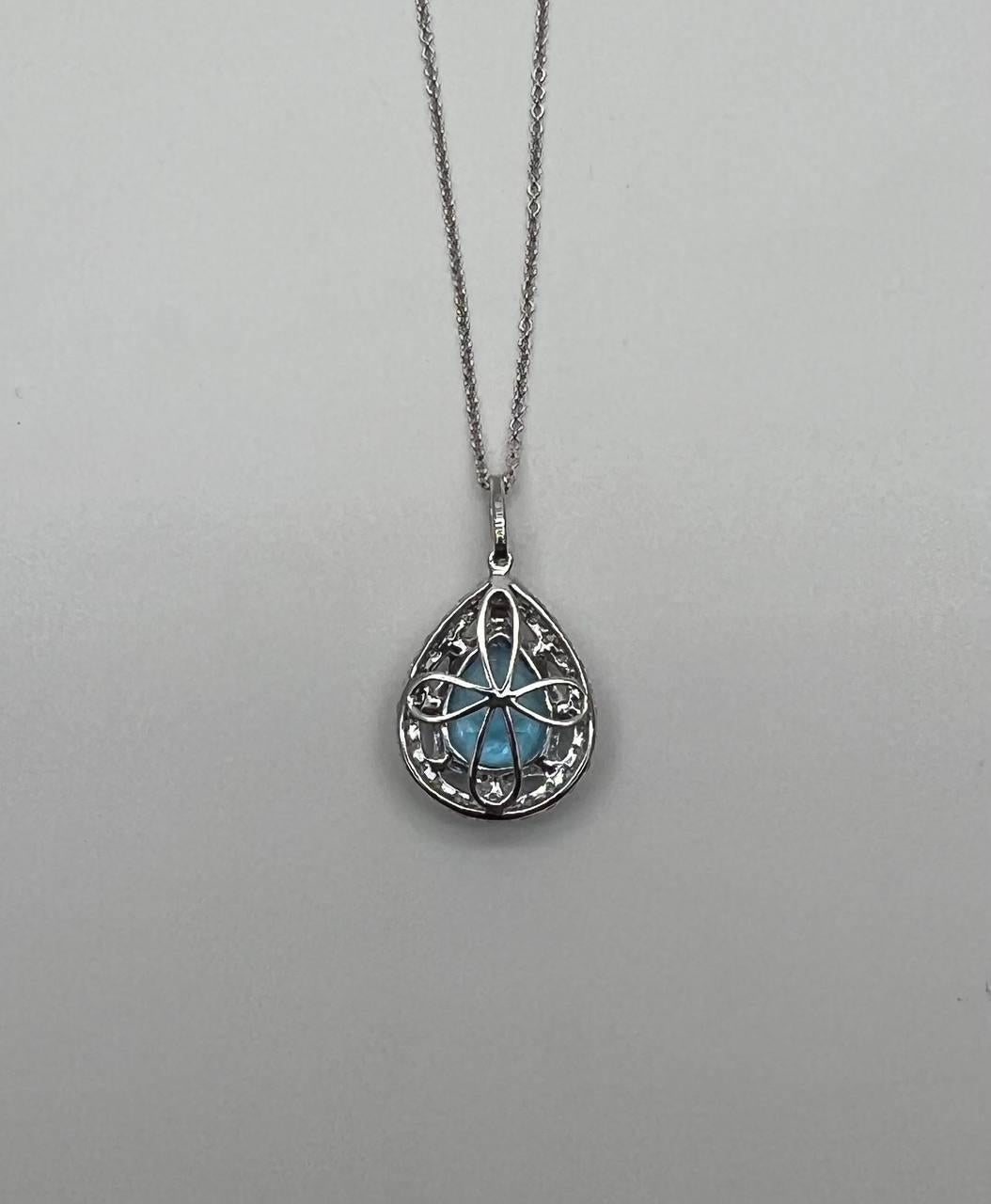 Pear Cut Pear Teardrop Swiss Blue Topaz 14K White Gold Diamond Halo Pendant Necklace For Sale