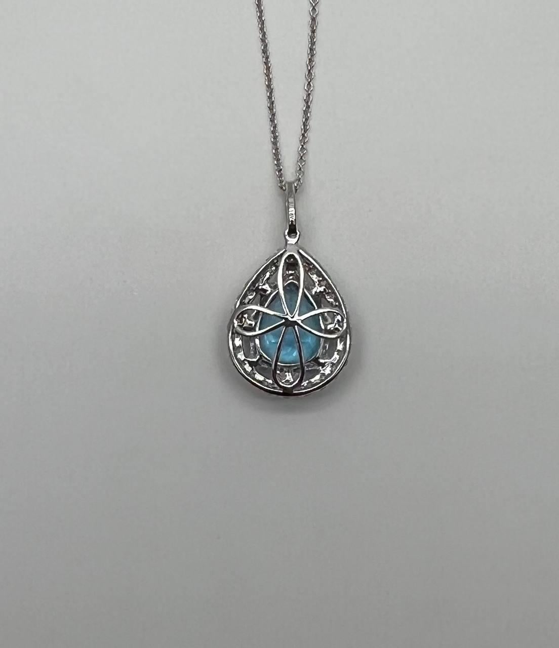 Pear Teardrop Swiss Blue Topaz 14K White Gold Diamond Halo Pendant Necklace In New Condition For Sale In Oakton, VA