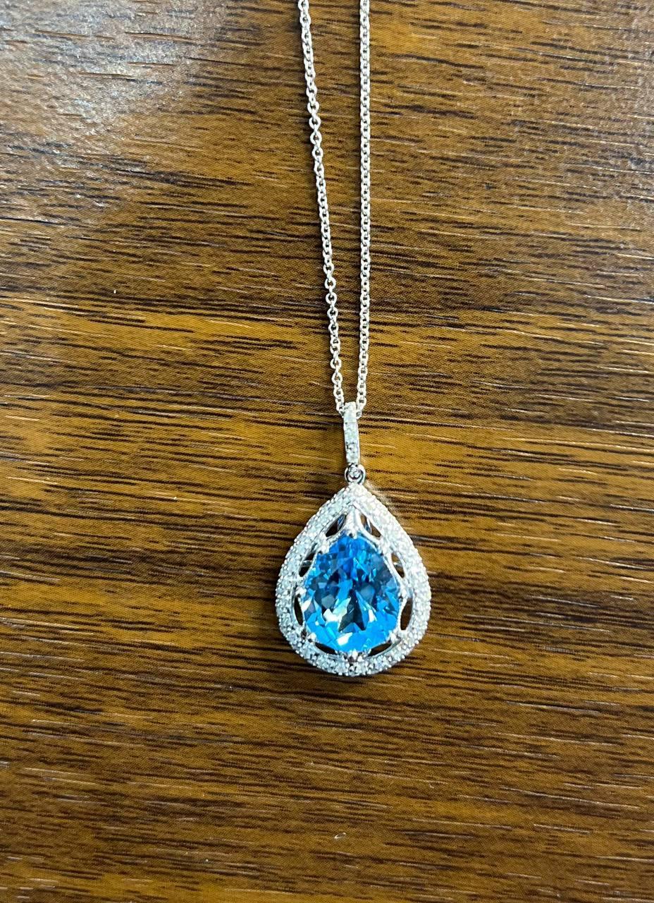 Women's Pear Teardrop Swiss Blue Topaz 14K White Gold Diamond Halo Pendant Necklace For Sale
