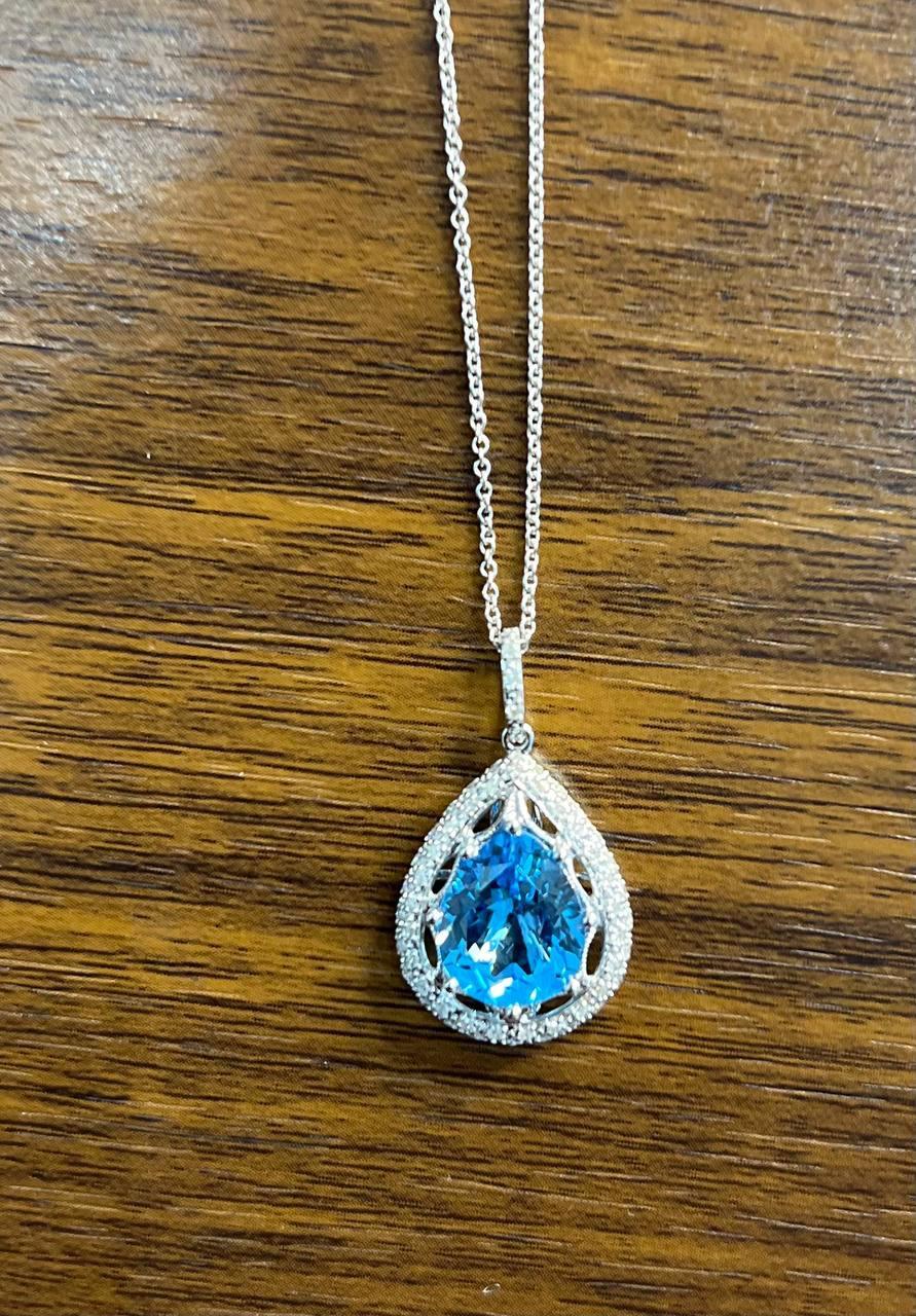 Pear Teardrop Swiss Blue Topaz 14K White Gold Diamond Halo Pendant Necklace For Sale 1